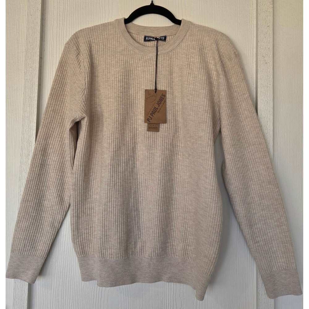NWT PJ Paul Jones Mens Ribbed Knit Crewneck Sweater Beige Sz S Preppy Old Money